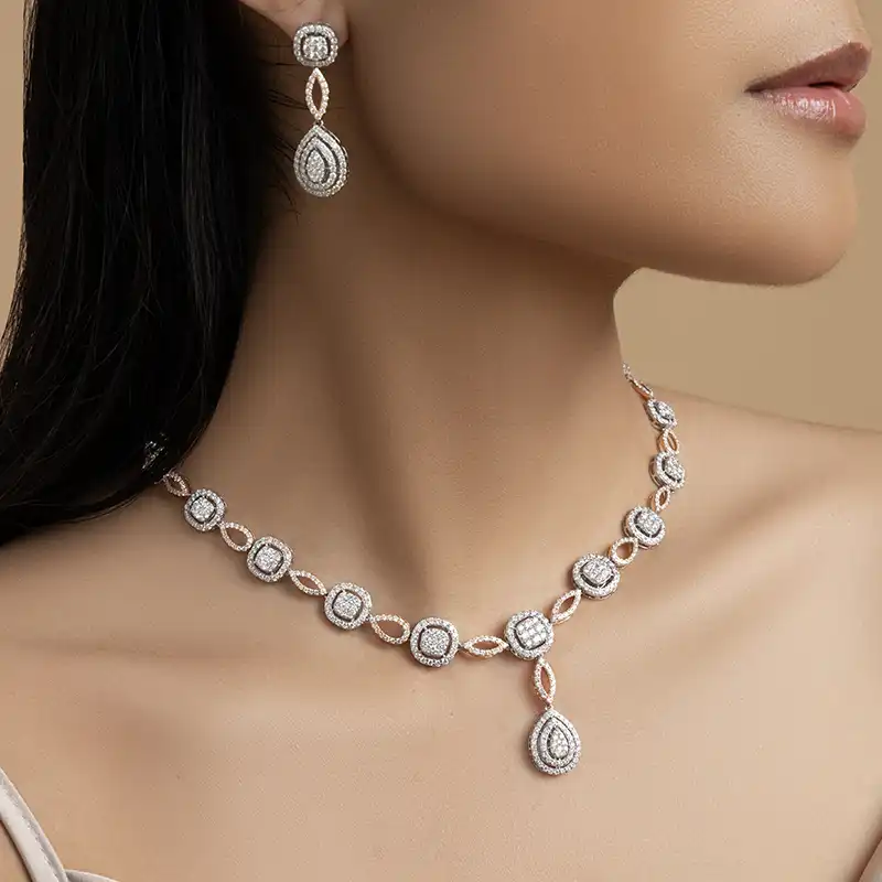 Cushion and Drop  Diamond Necklace Set